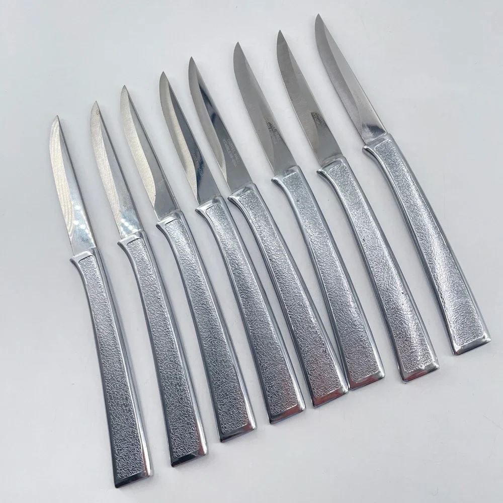 Carvel Hall Steak Knives Set of 8 Stainless Vtg MCM Textured Non-Serrated USA